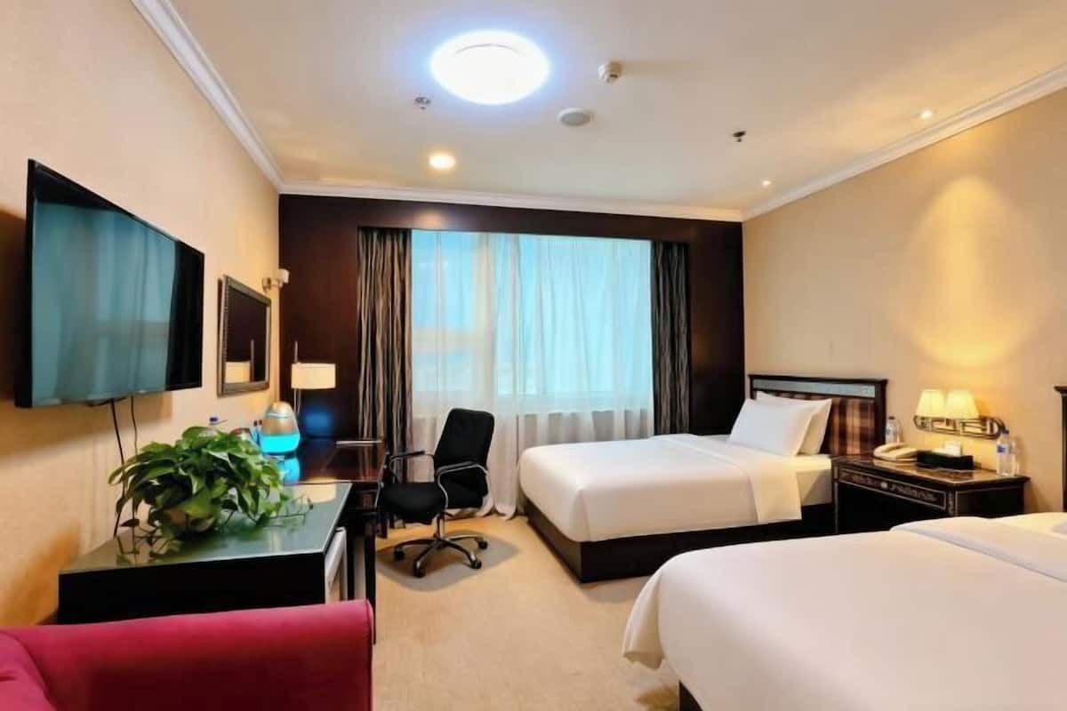 A hotel room with two beds, a desk with a chair, a TV, and a plant.