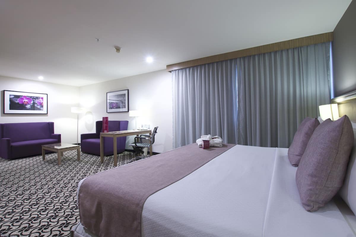 Habitación de hotel con una cama grande, un escritorio, un sillón morado, un sofá, un televisor y una ventana con cortinas.