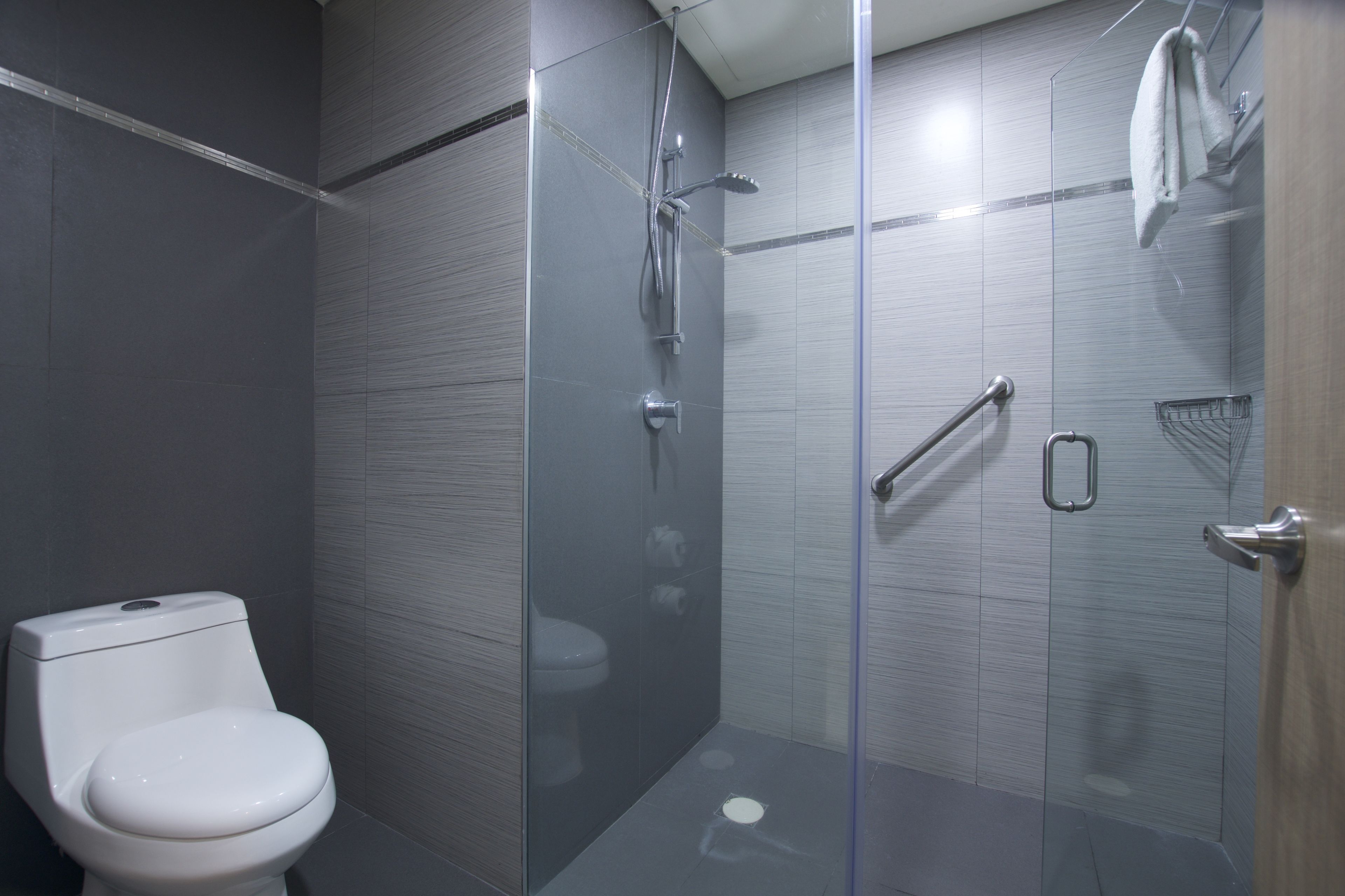 Een moderne badkamer met toilet, douchecabine en handdoekhouder.