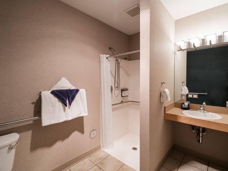 Ein Badezimmer mit Dusche, Toilette, Waschbecken und Spiegel.