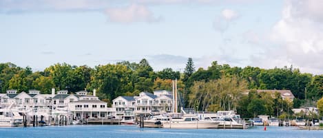 Un puerto deportivo con barcos amarrados, casas frente al agua y una colina boscosa al fondo.