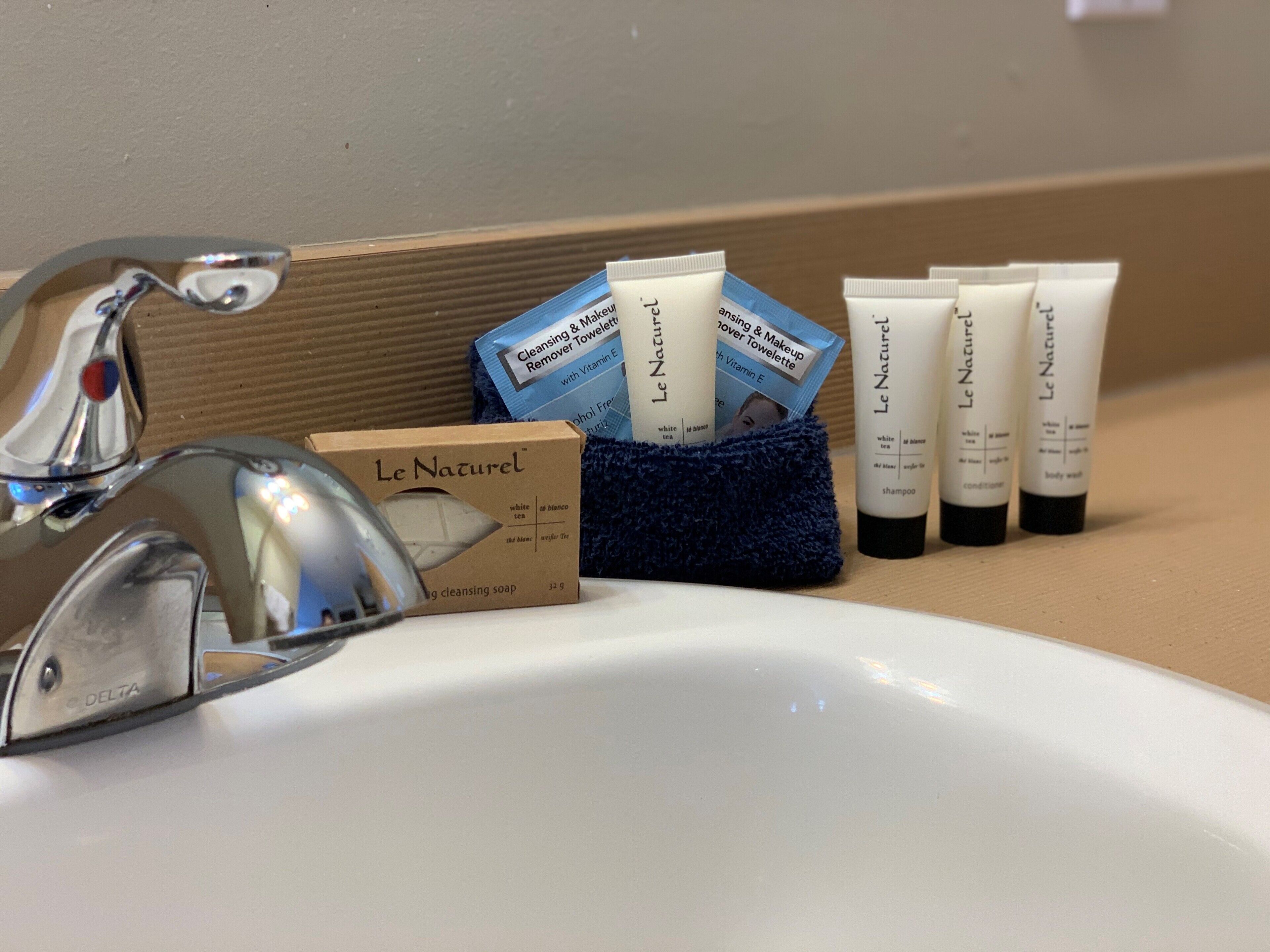 free toiletries, hair dryer, towels