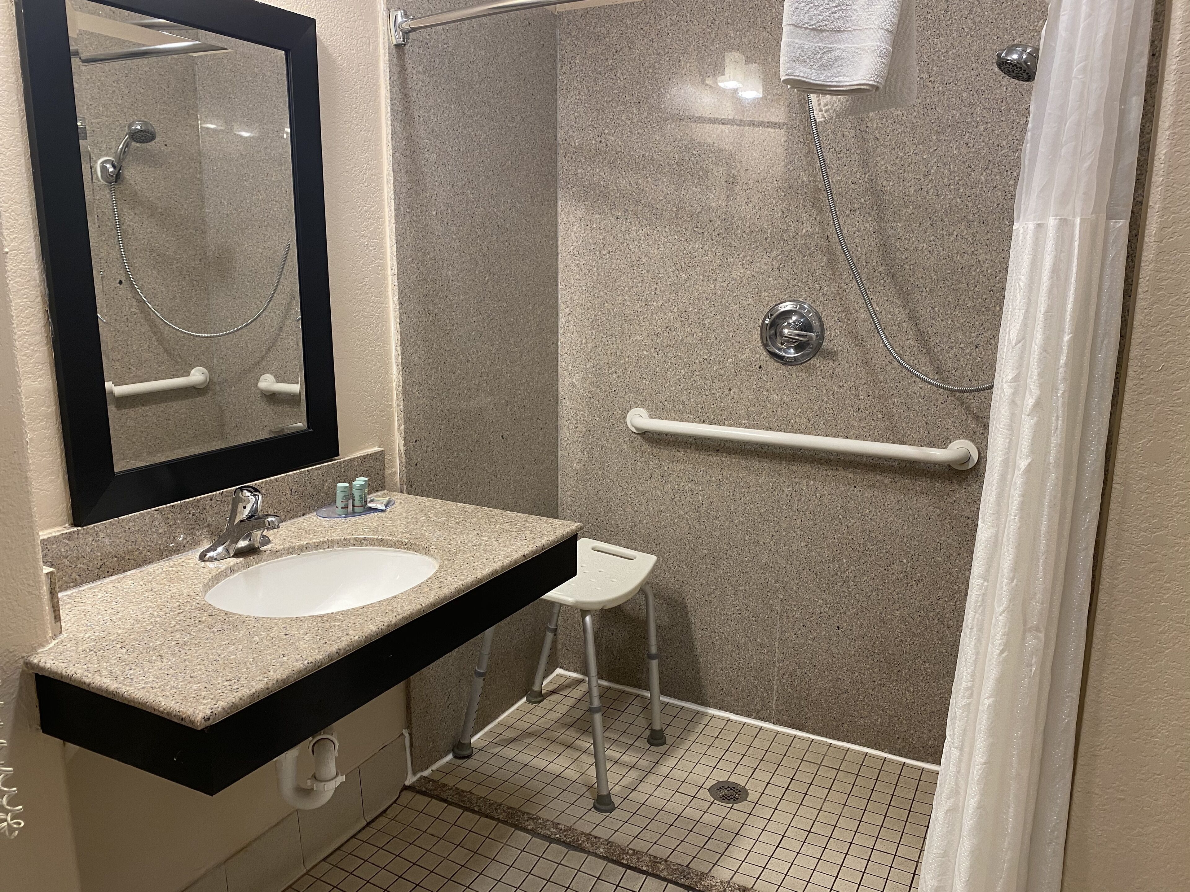 A bathroom with a granite countertop sink, a mirror, a handheld showerhead, a grab bar, and a white toilet.