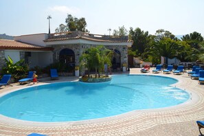 Sesongbasert utendørsbasseng, bassengparasoller og solsenger