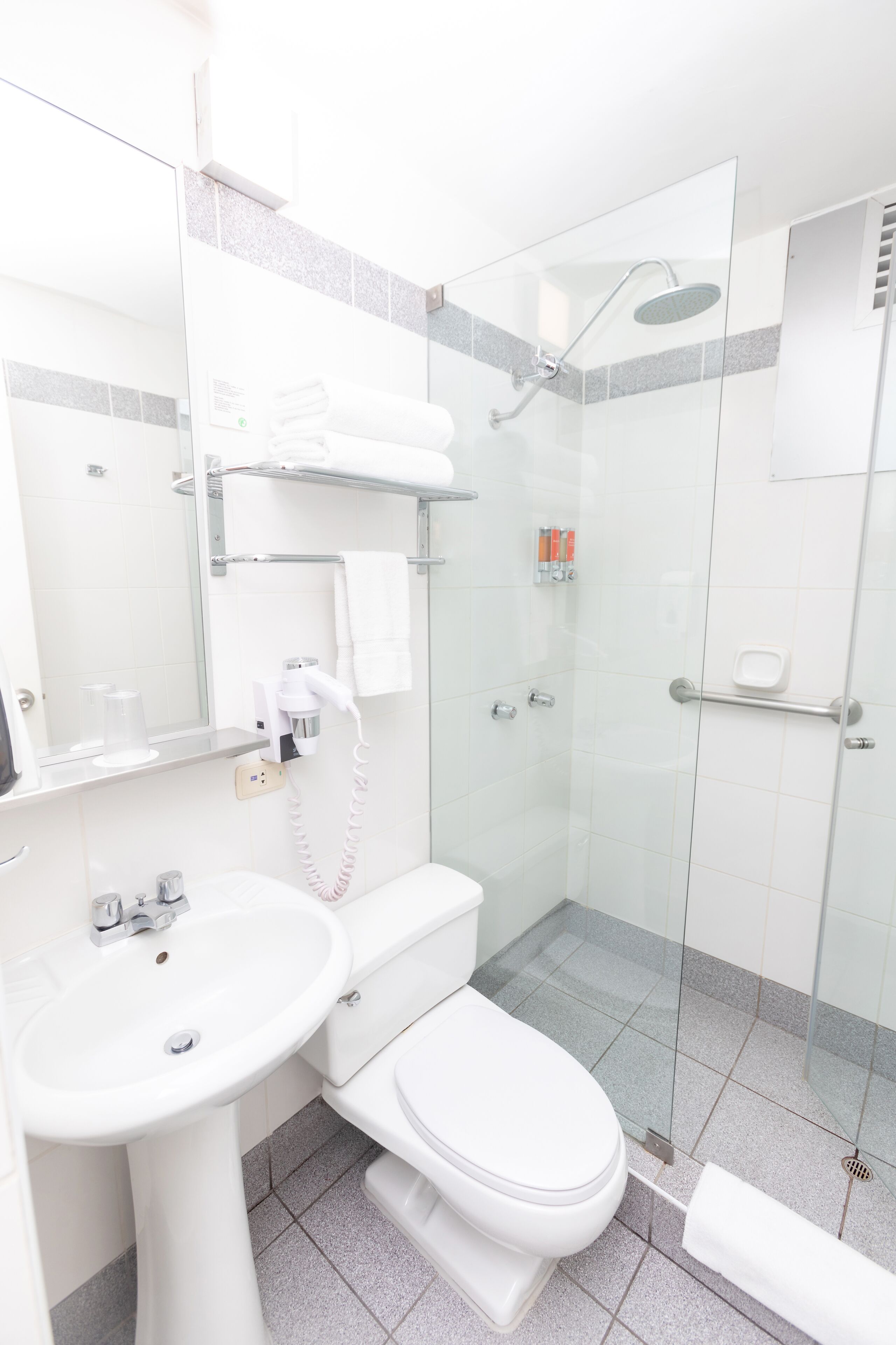 A modern bathroom with a glass-enclosed shower, a white sink, and a toilet.