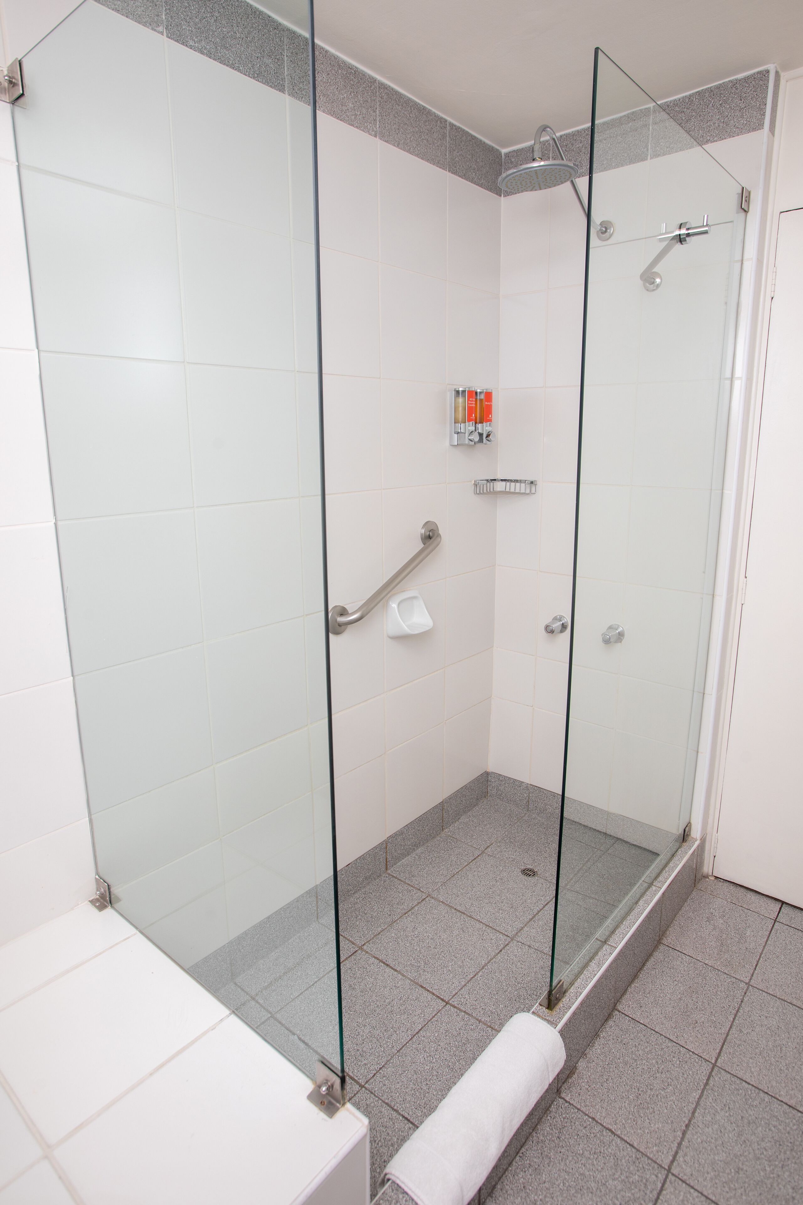 A glass-enclosed shower with a white tiled floor and a white toilet visible to the left.