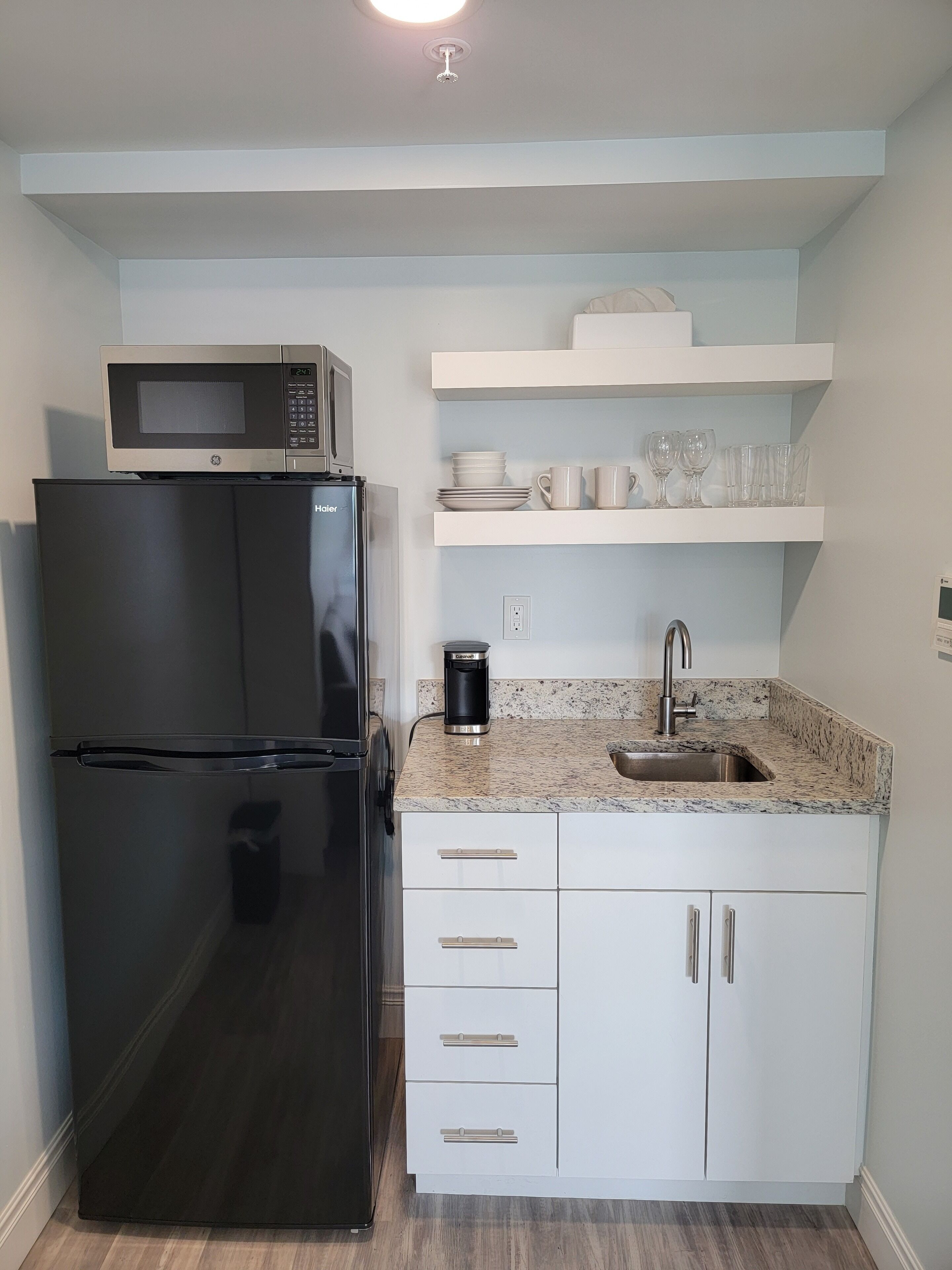 fridge, microwave, coffee/tea maker, freezer