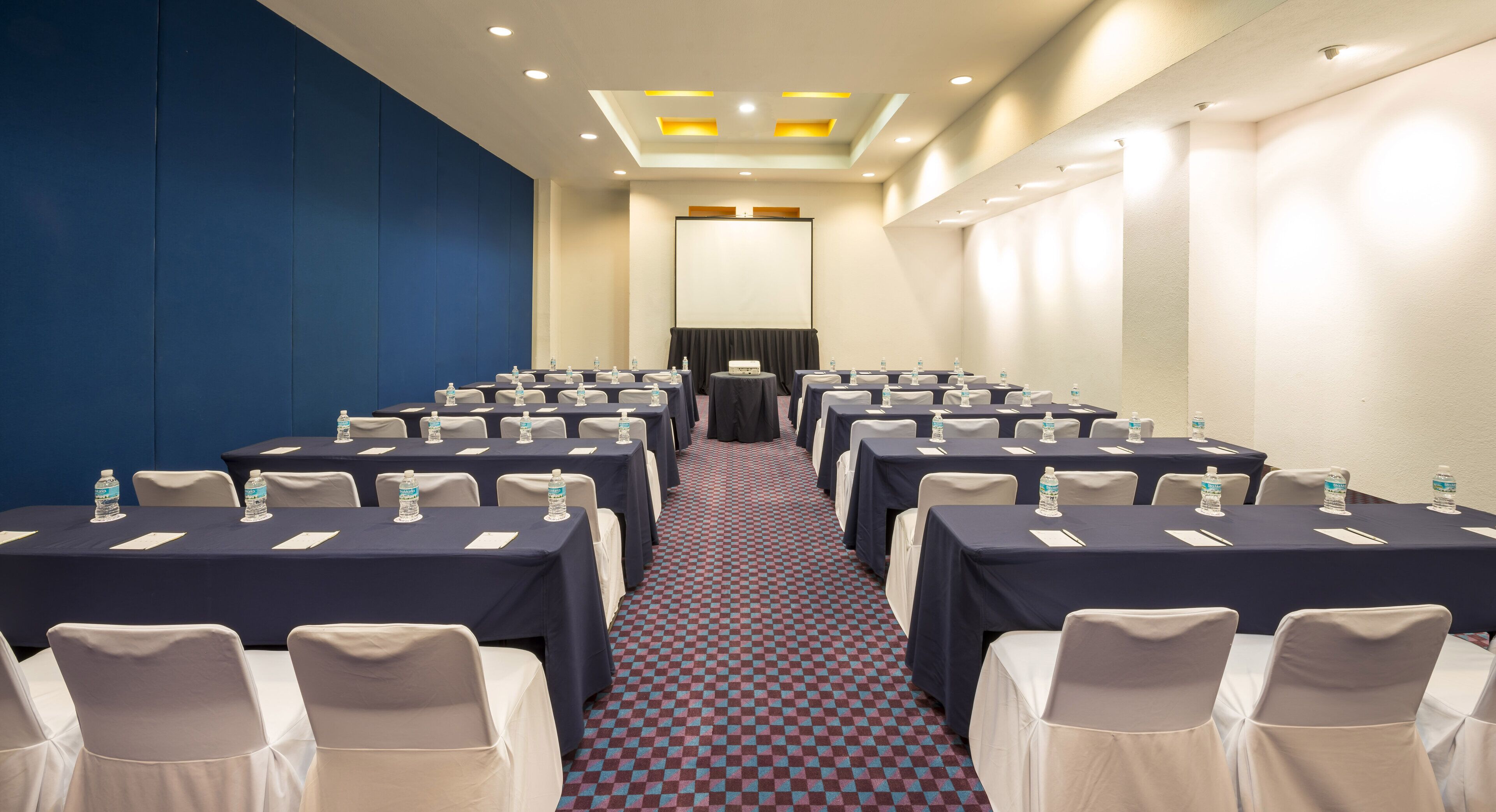 A conference room with rows of tables and chairs, a large screen at the front, and a patterned carpet.