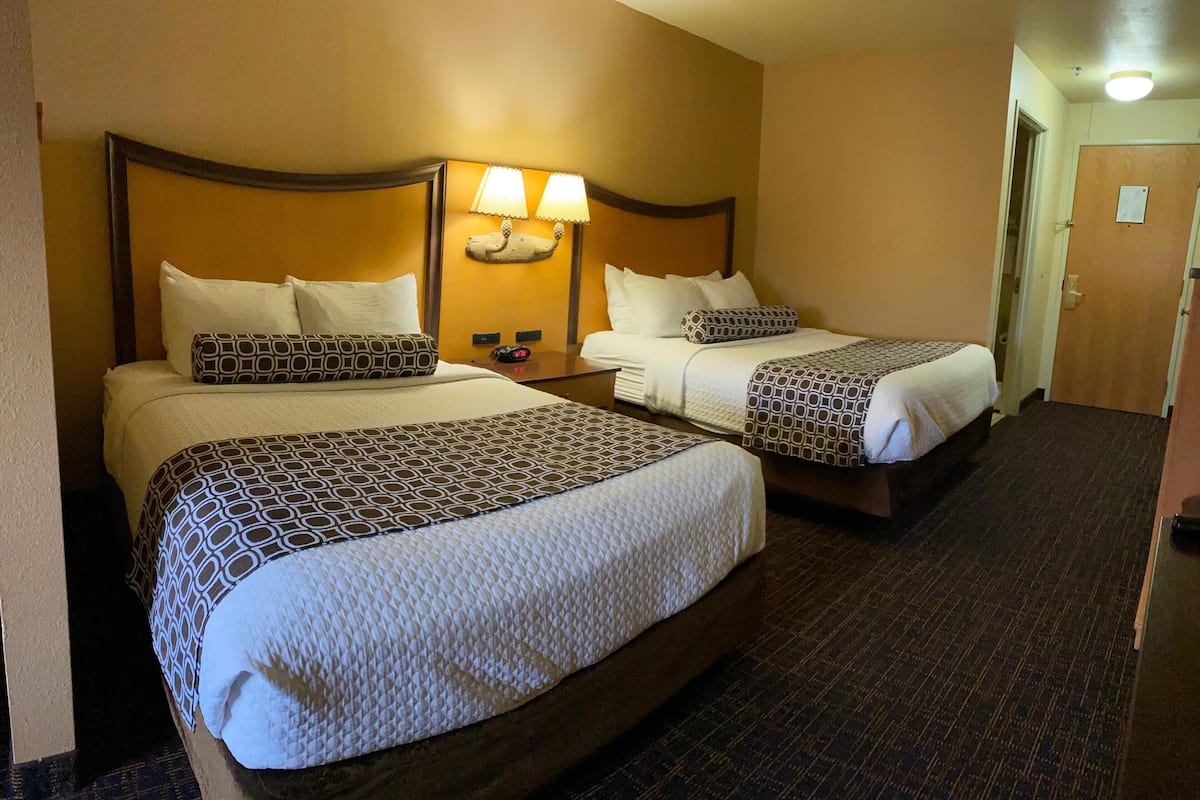 A hotel room with two beds, each with patterned bedding and headboards, a bedside table with a lamp, and a carpeted floor.