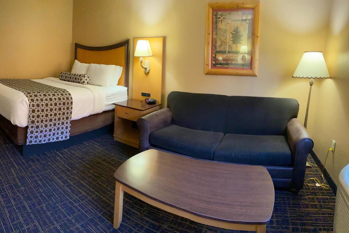 A hotel room with a bed, a sofa, a small table, a nightstand, and a lamp.
