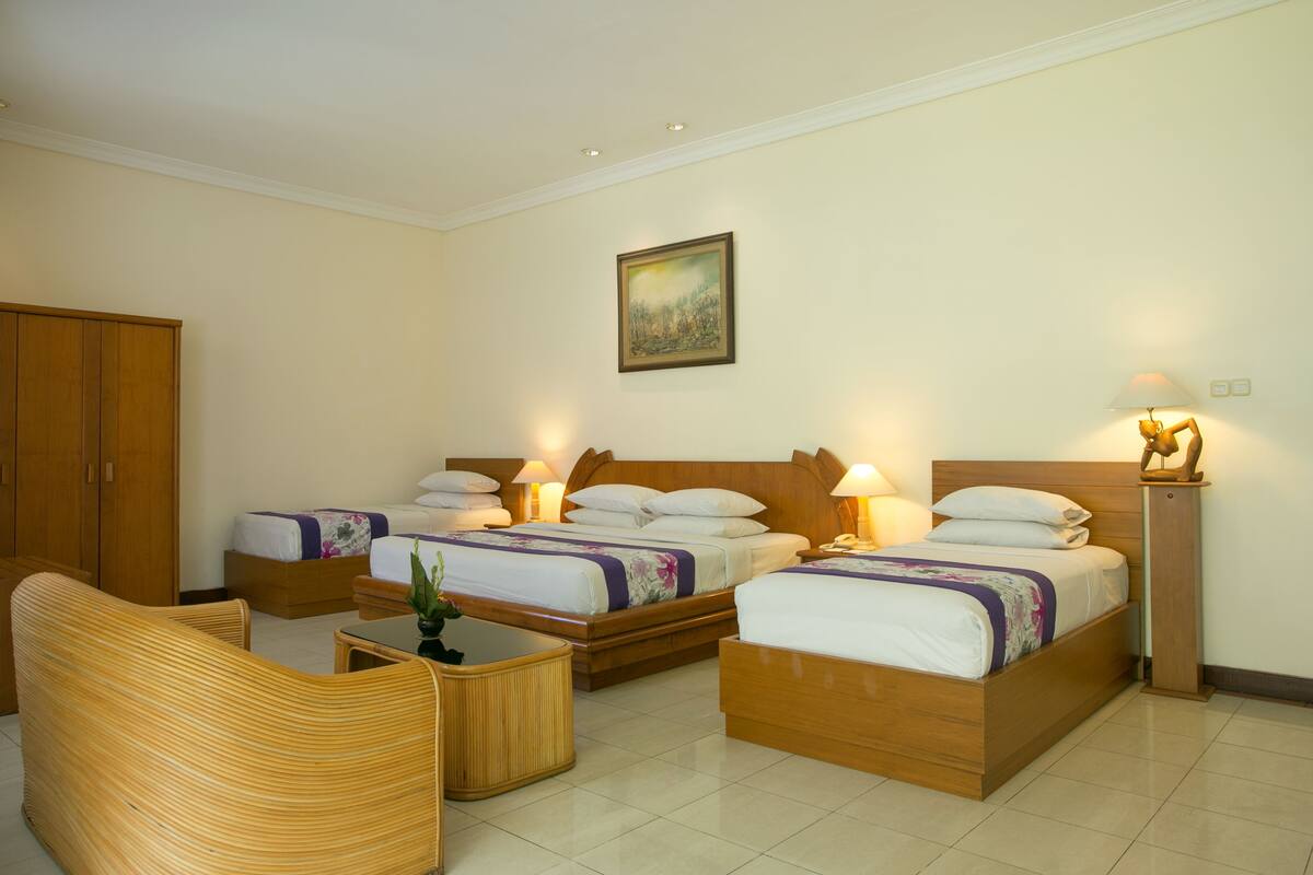 A hotel room with two wooden beds, a wooden wardrobe, a wicker chair, and a small table with a plant.