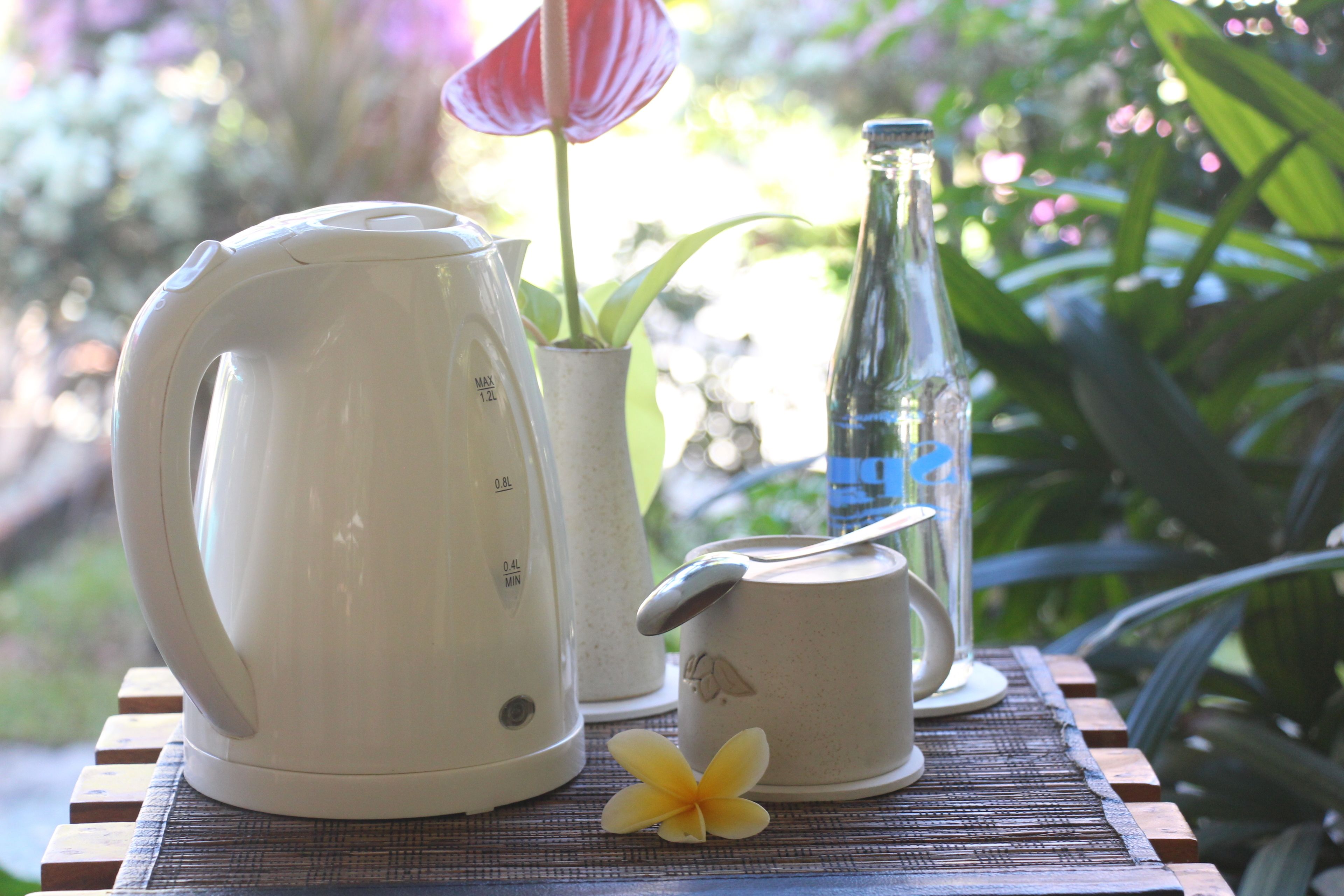 A table with a white electric kettle, a glass bottle, a small ceramic cup, and a potted plant with a pink flower.