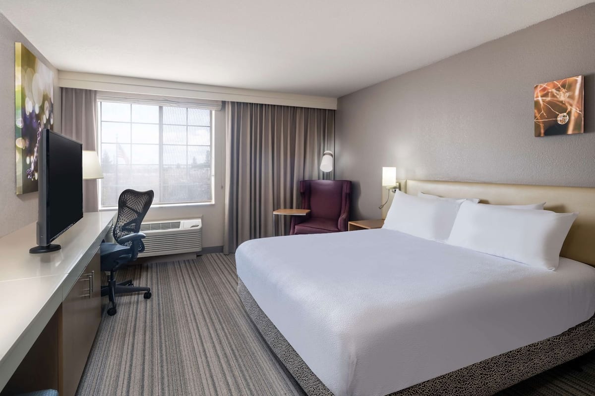A hotel room with a bed, a desk with a chair, a TV, a window with curtains, and a wall-mounted artwork.