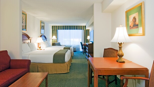 A hotel room with a bed, a desk, a chair, a sofa, and a television. - Holiday Inn Express Hotel & Suites Emporia by IHG (Emporia)