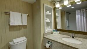 A bathroom with a toilet, sink, and mirror. There are towels hanging on a rack and a shower visible in the mirror. - Holiday Inn Express Hotel & Suites Emporia by IHG (Emporia)