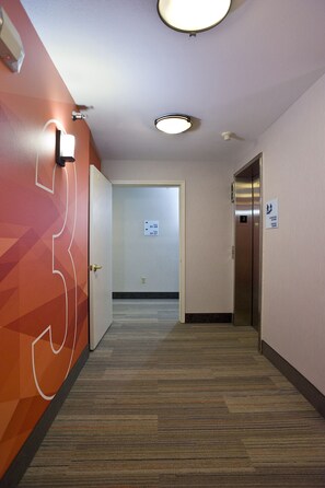 A hotel hallway with carpeted flooring, a wall with a geometric design, and an elevator. - Holiday Inn Express Hotel & Suites Vermillion by IHG (Vermillion)