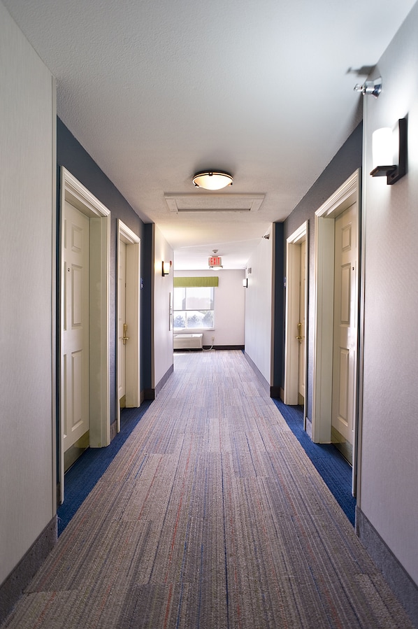 A hotel hallway with carpeted floors, white doors, and a ceiling light fixture. - Holiday Inn Express Hotel & Suites Vermillion by IHG (Vermillion)