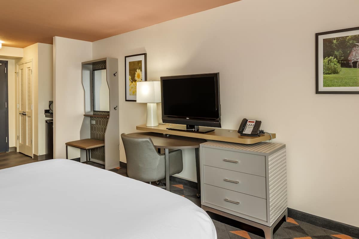 A hotel room with a bed, a desk with a computer, a chair, a desk lamp, a telephone, and a framed picture on the wall.