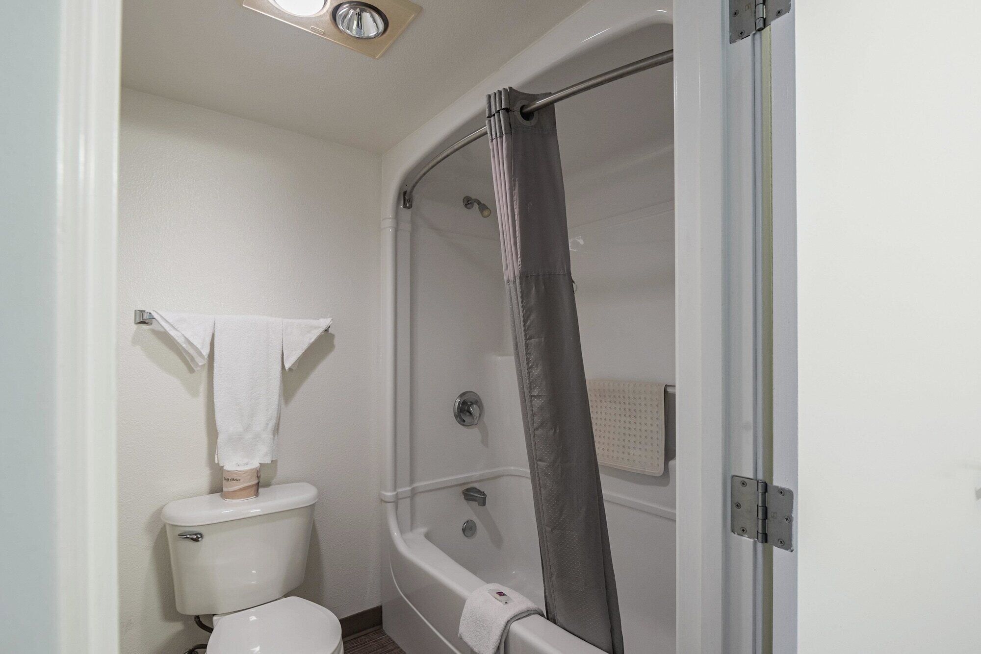 A bathroom with a toilet, a bathtub, and a shower curtain.