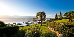 Outdoor pool, pool umbrellas, pool loungers