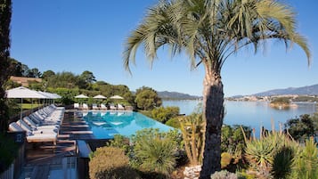 A pool area with lounge chairs and a palm tree, overlooking a lake with mountains in the background.