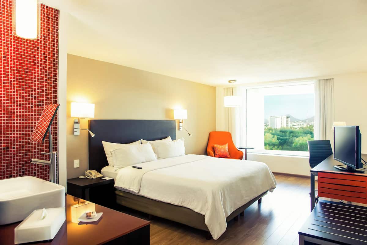 Una habitación de hotel con cama, mesita de noche, televisión y vistas a la ciudad.