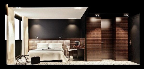 A modern bedroom with a large bed, bedside tables, a desk, and a wardrobe. - Howard Hôtel Paris Orly Aeroport (Paray-Vieille-Poste)