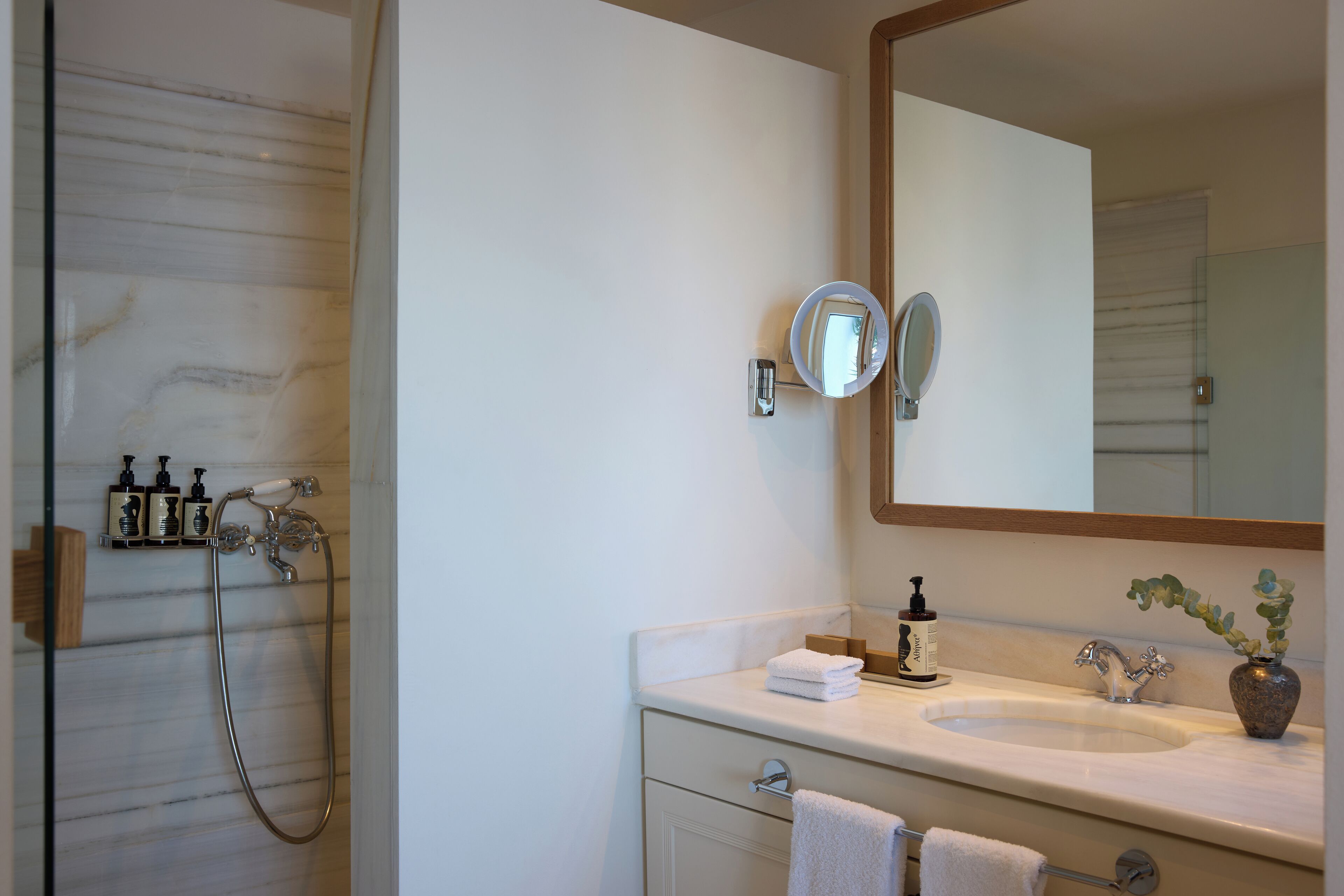 Une salle de bain avec une douche en marbre, un lavabo avec un miroir et un vase avec une plante.