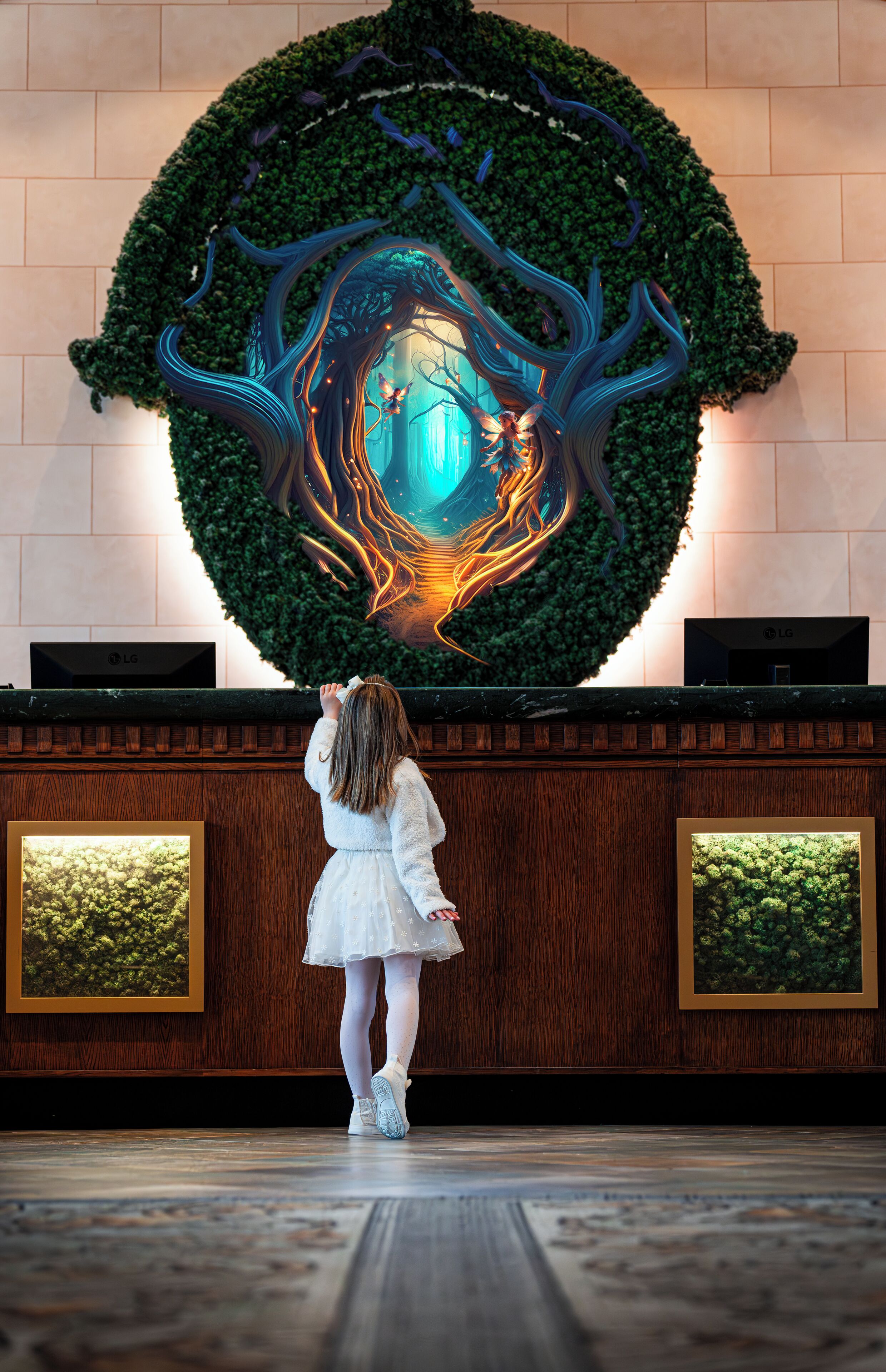 A young girl in a white dress standing in front of a wall with a large, illuminated tree mural.