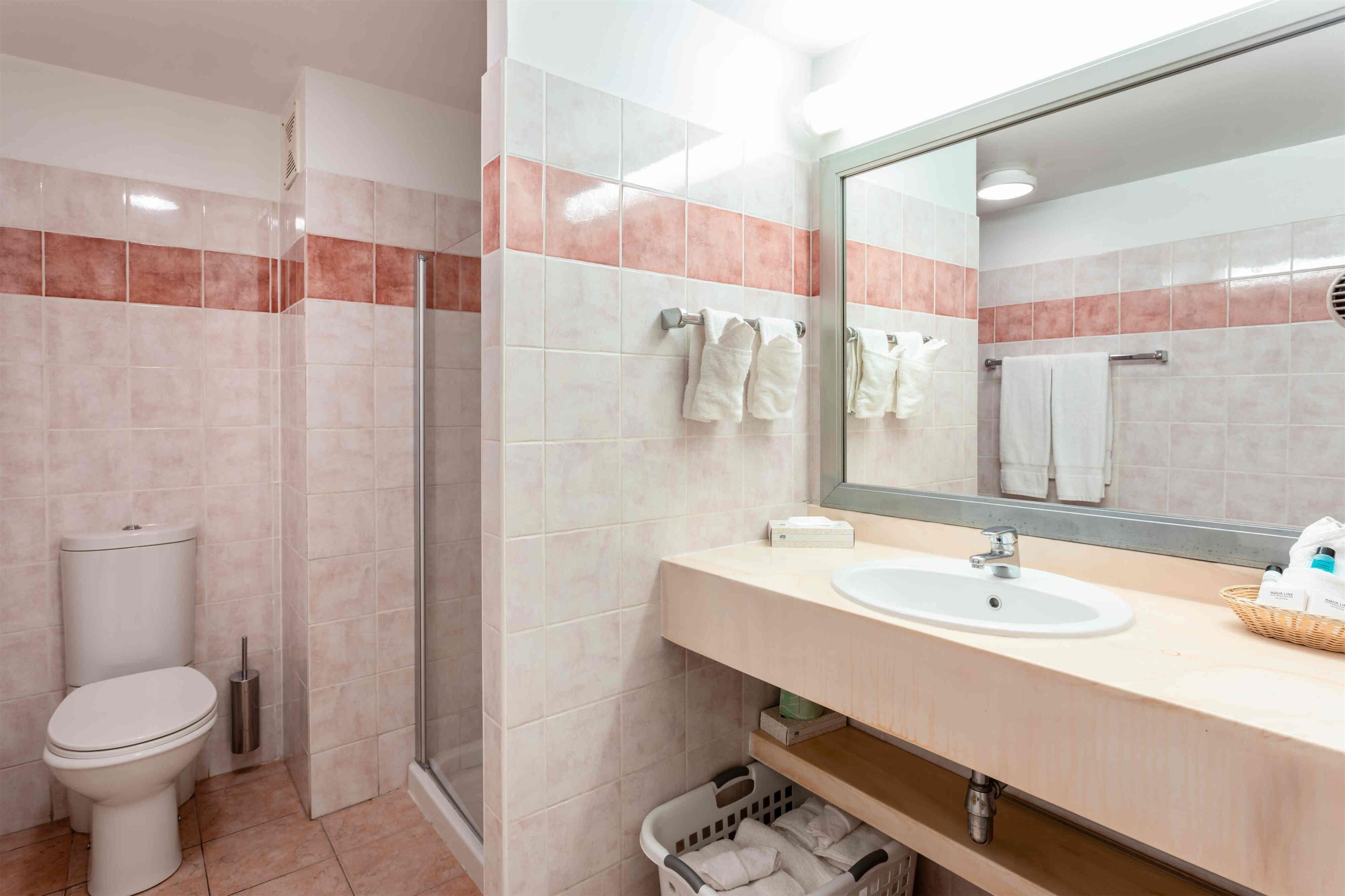 Un baño con inodoro, lavamanos, ducha y espejo.