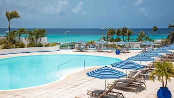 Piscina a l'aire lliure, para-sols i gandules