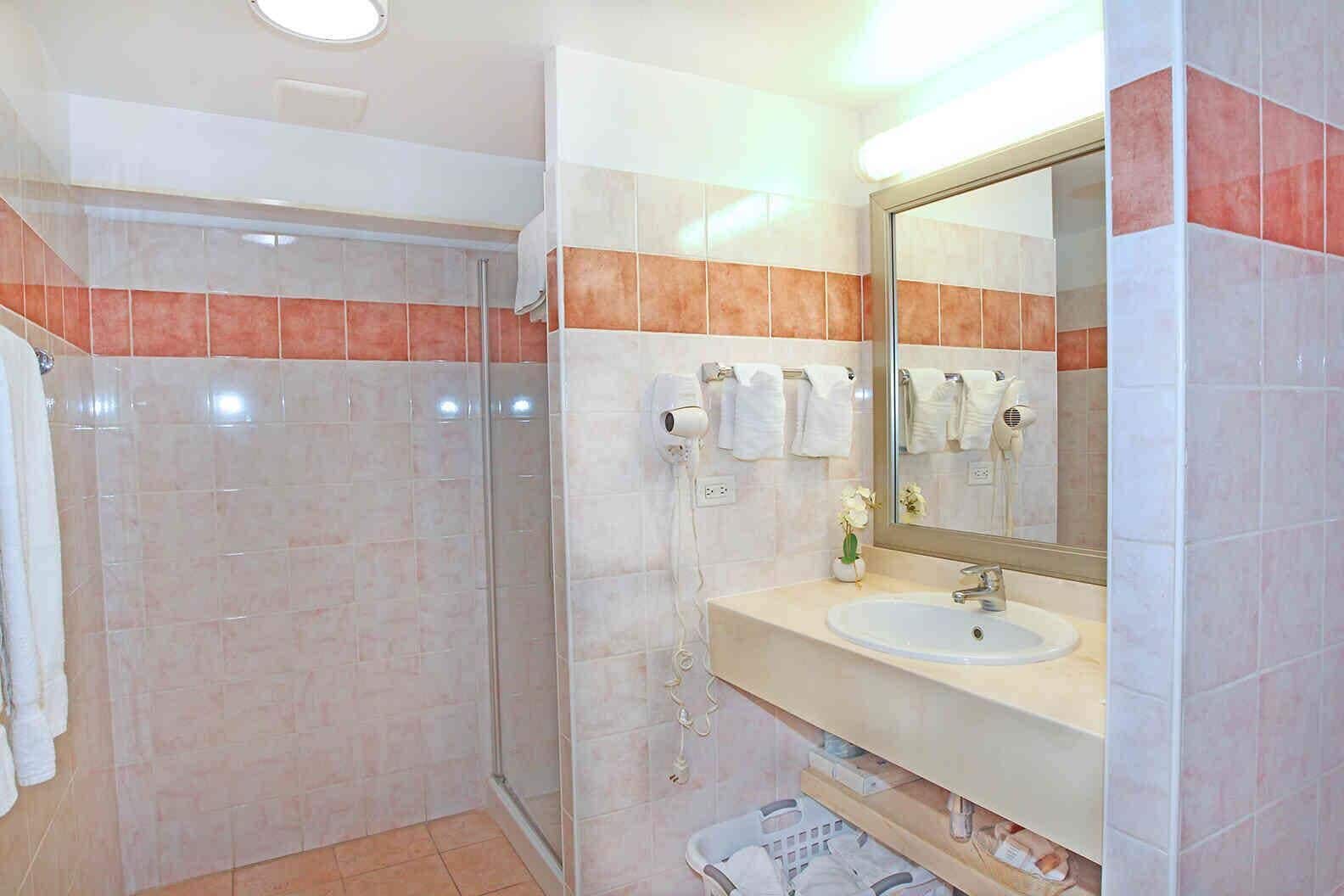 Een badkamer met een douchecabine van glas, een wastafel met spiegel en een handdoekrek met meerdere handdoeken.