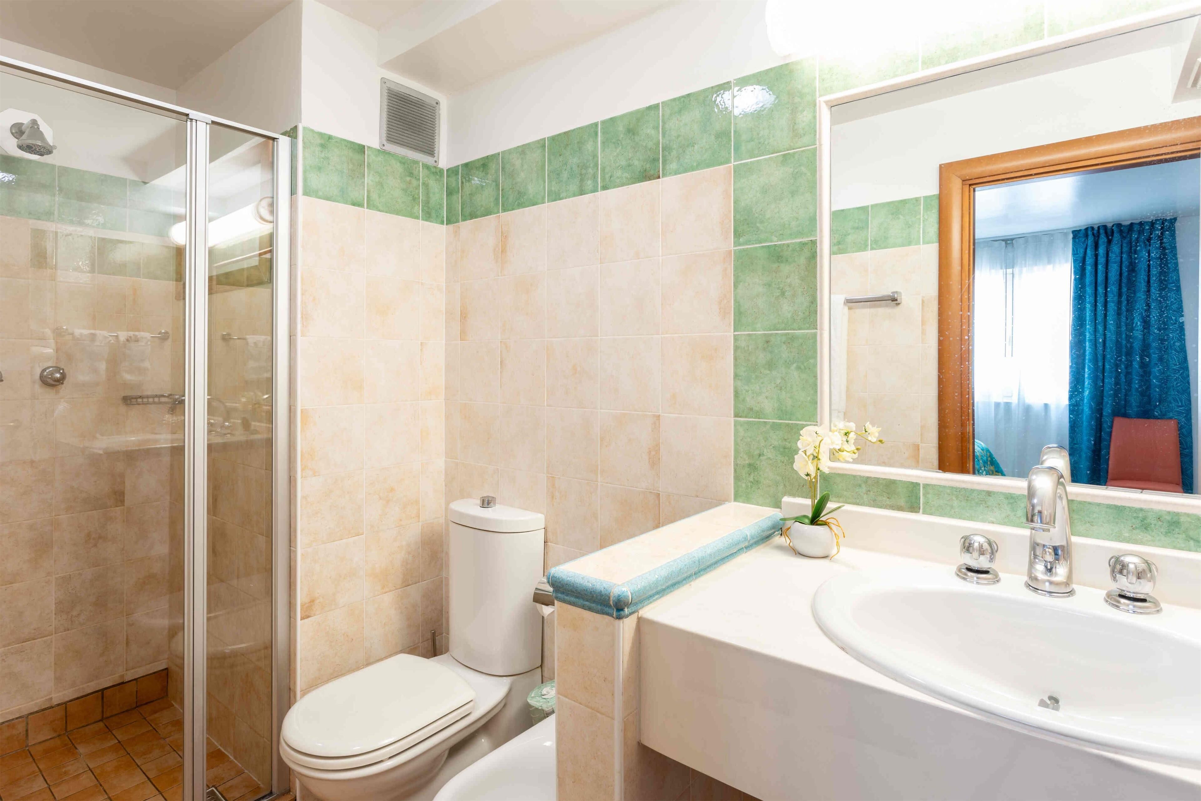 Een badkamer met een douchecabine van glas, een toilet en een wastafel met spiegel.