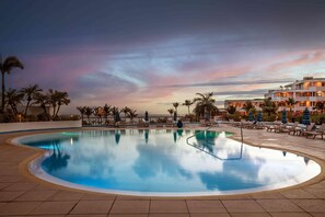 Outdoor pool, pool umbrellas, pool loungers