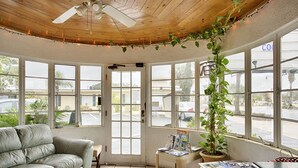 Una habitació acollidora amb un sofà de cuir, una taula petita amb revistes, una planta en test i grans finestres amb vista al carrer.