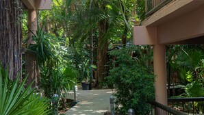 Un étroit sentier bordé d’une végétation luxuriante et un bâtiment à la façade beige.