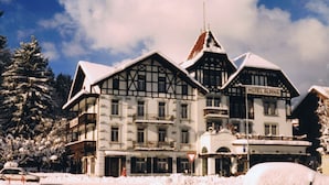 Un hotel europeo tradicional con un cartel que dice "HOTEL ALPINA", que presenta un estilo arquitectónico clásico con entramado de madera y un techo empinado.