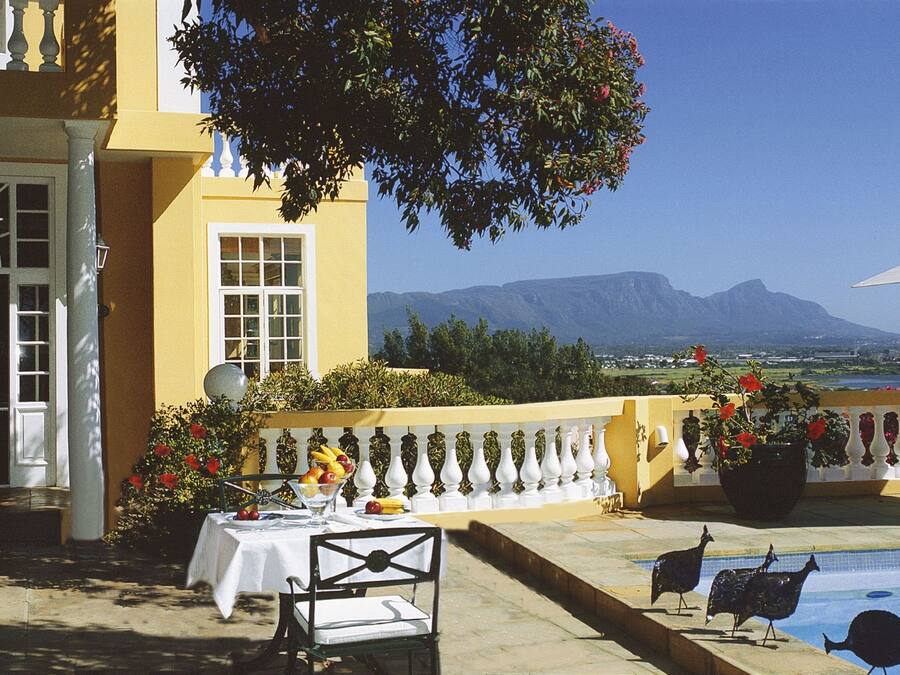 Outdoor pool, pool umbrellas, pool loungers