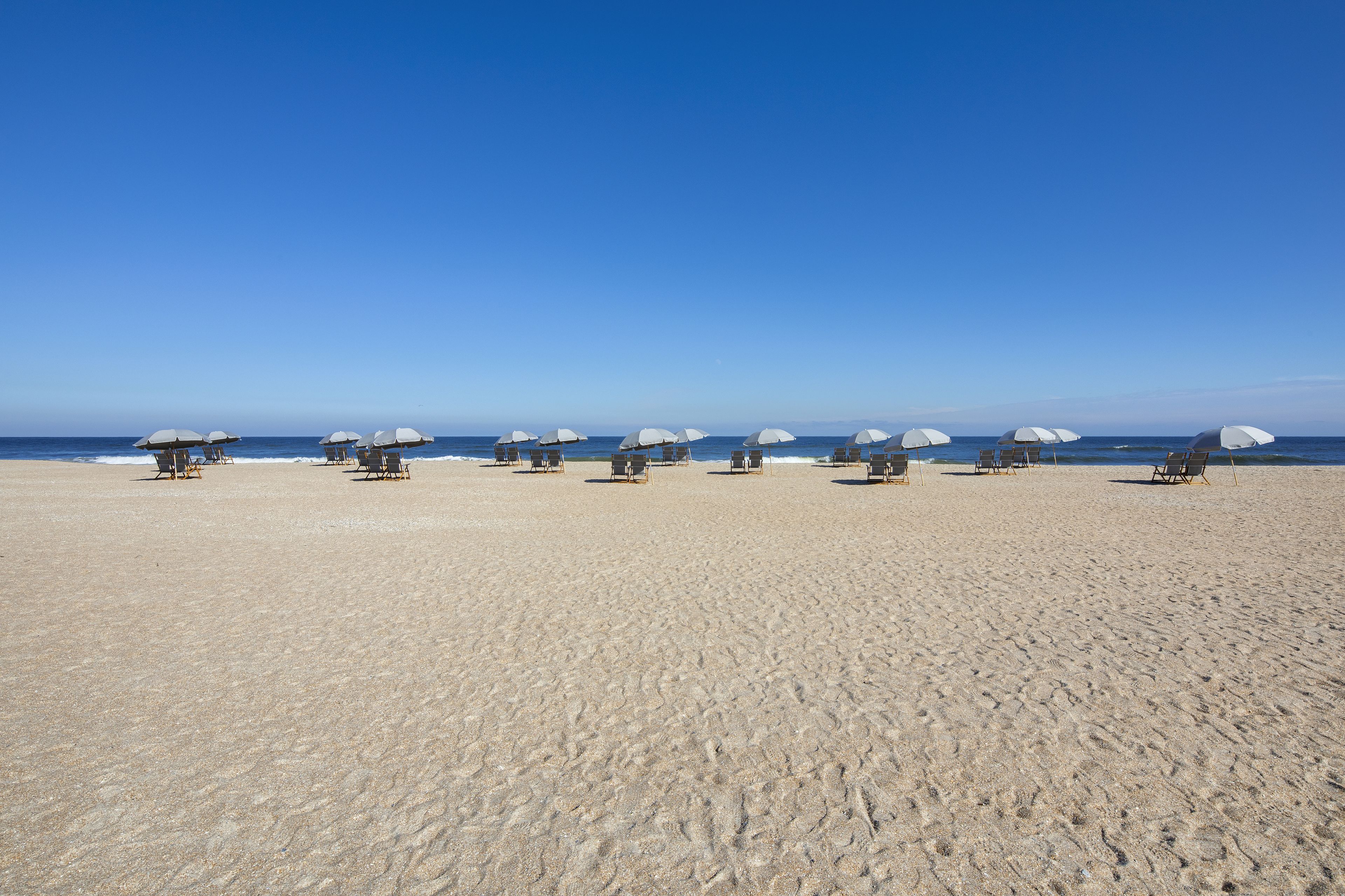 A beach with rows of beach chairs and umbrellas.