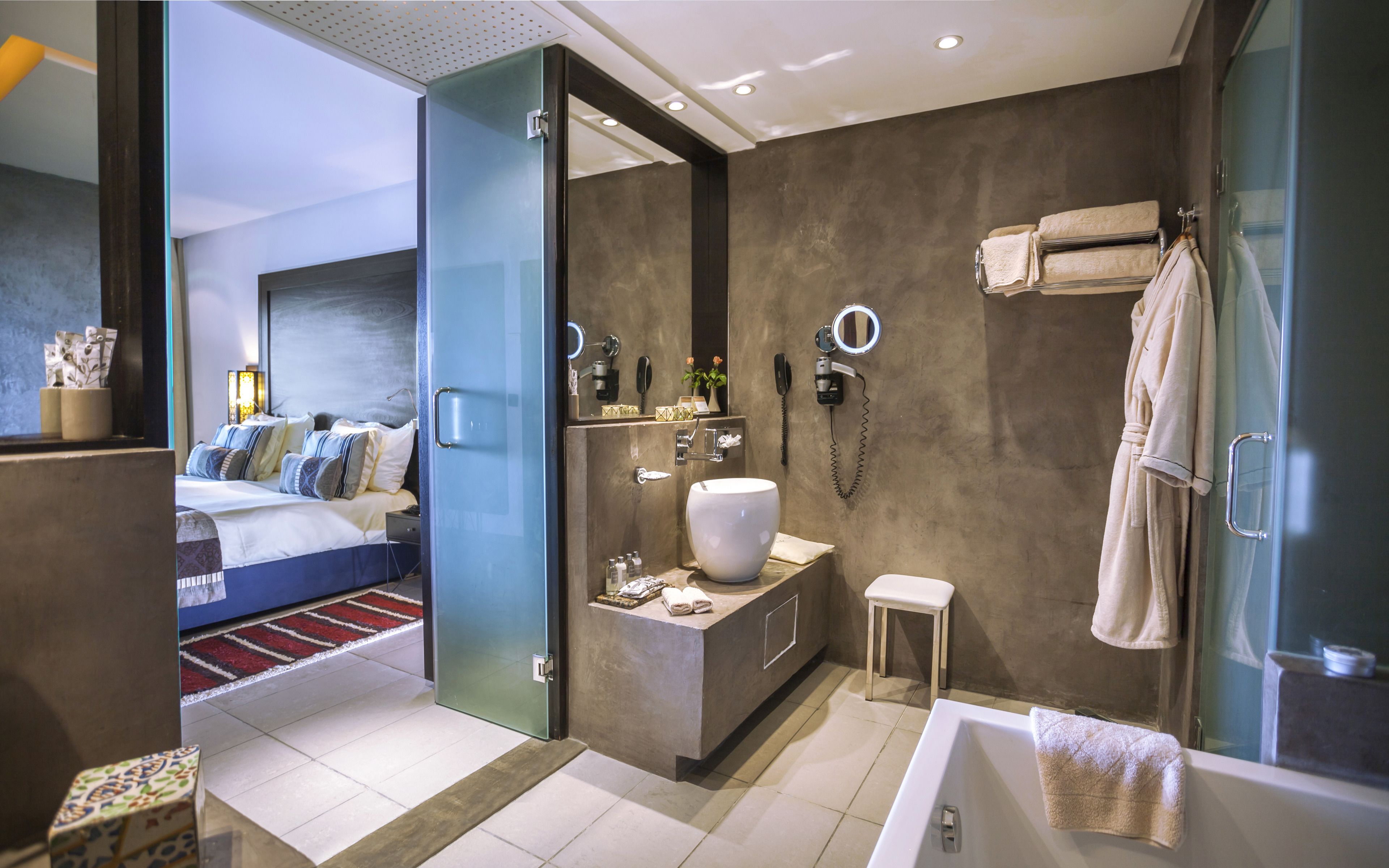 eco-friendly toiletries, hair dryer, bathrobes, slippers