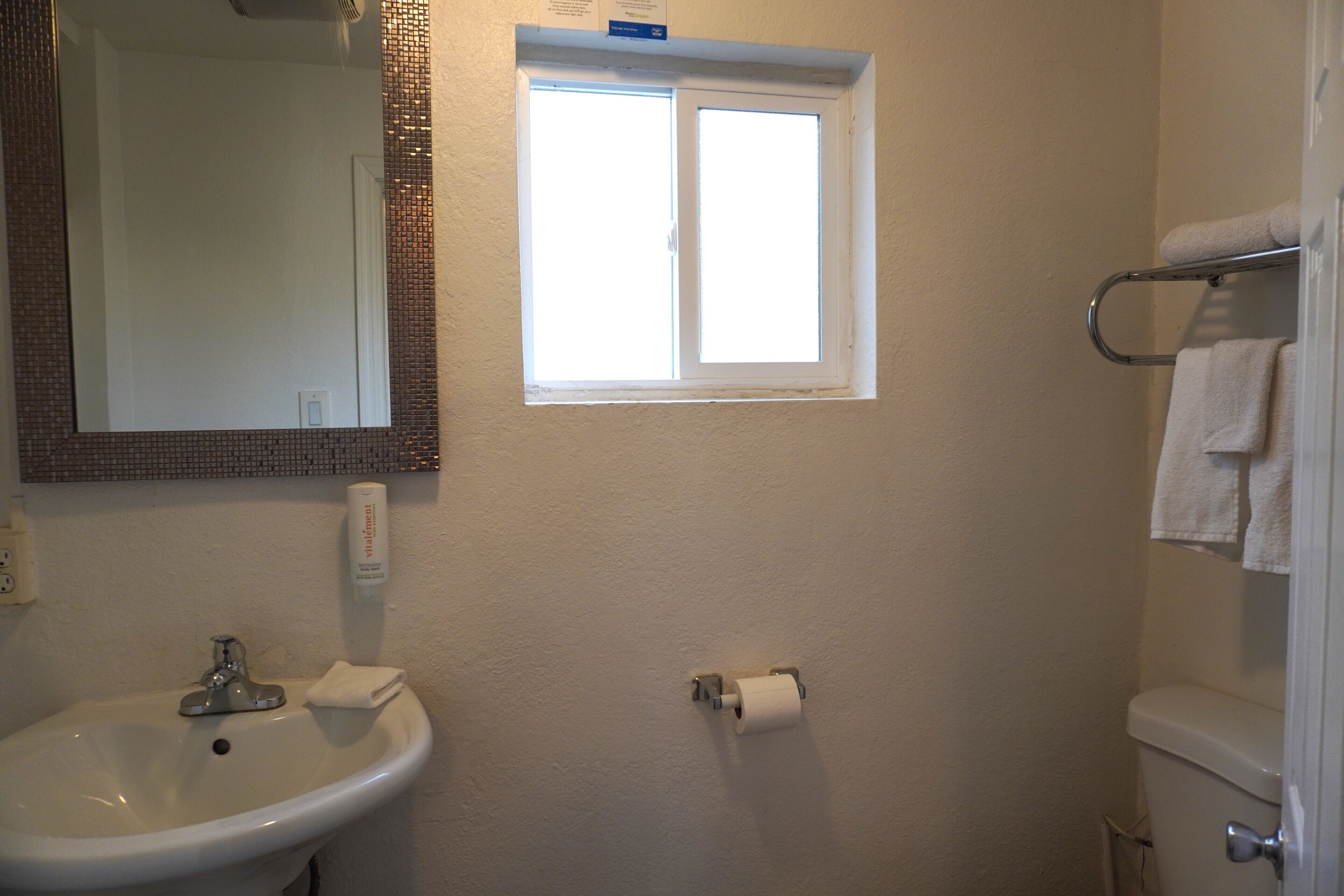 A bathroom with a sink, mirror, window, toilet, and towel rack.