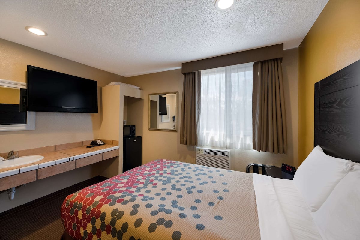 Habitación de hotel con cama, mesita de noche, televisor de pantalla plana montado en la pared, ventana con cortinas, lavamanos y espejo.