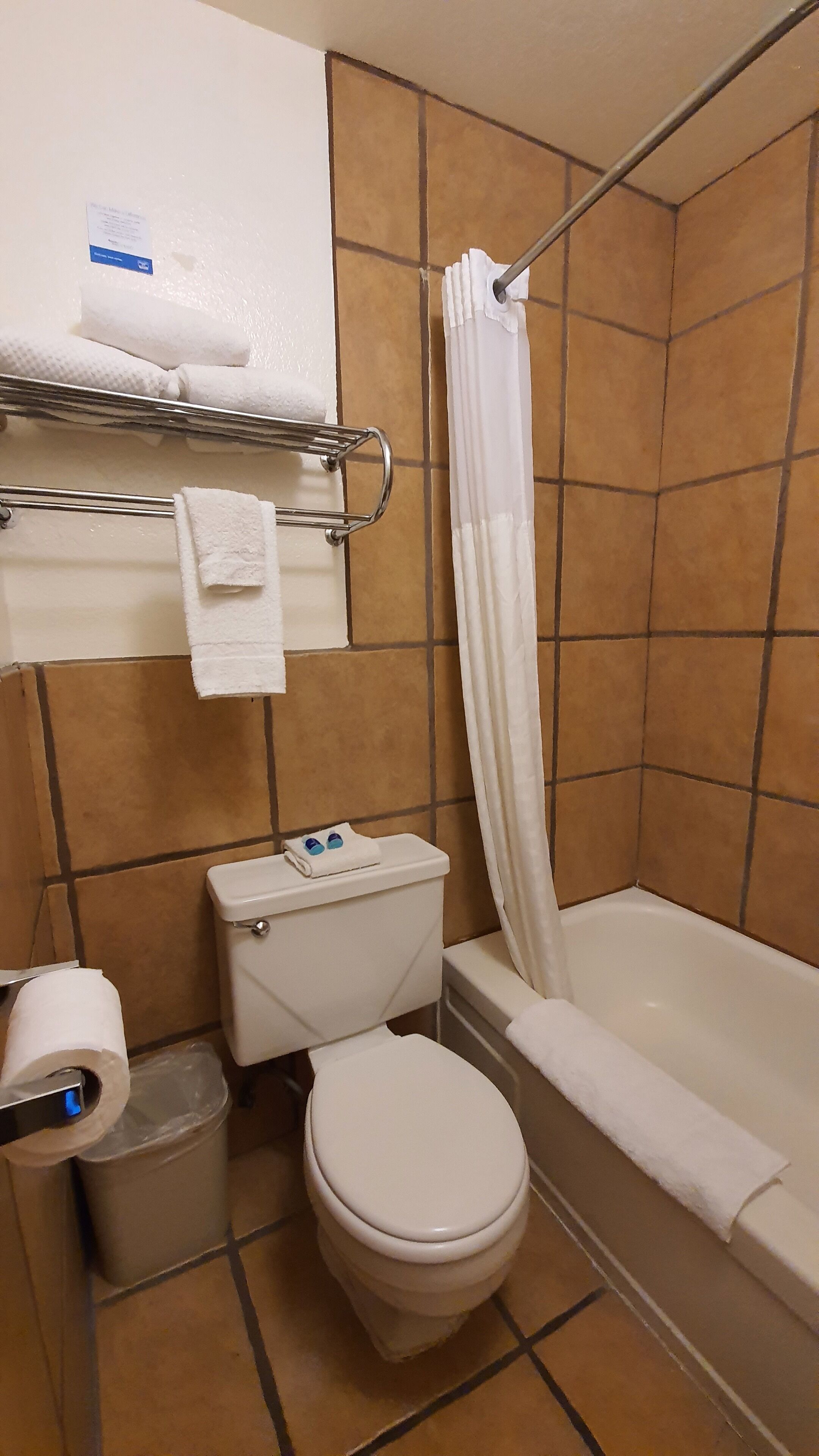 A bathroom with a toilet, a bathtub, a shower curtain, a towel rack, and a trash bin.