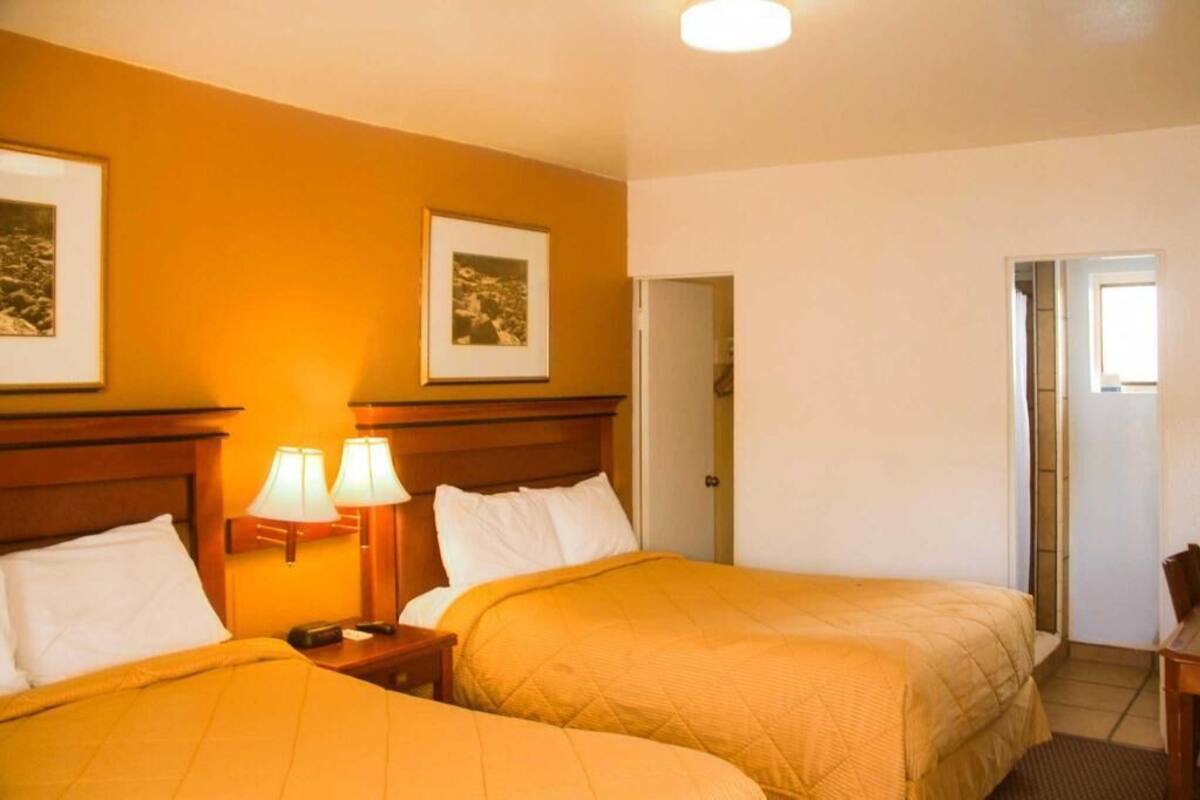 Una habitación de hotel con dos camas, una mesita de noche con lámparas, cuadros en la pared y una puerta que da a otra habitación.