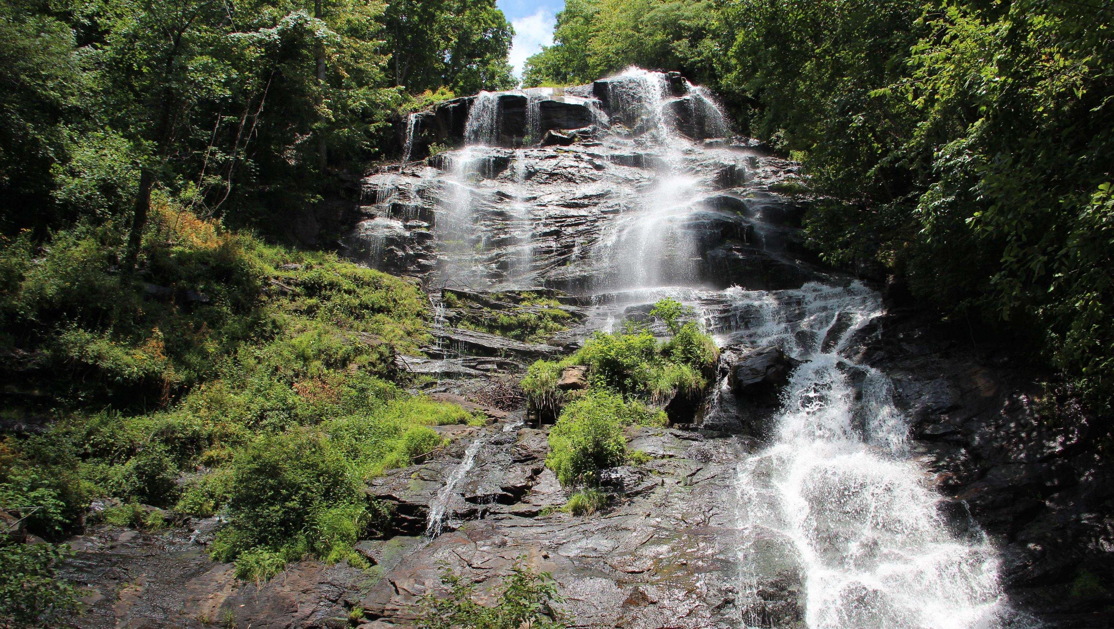 A natural waterfall surrounded by dense green foliage.