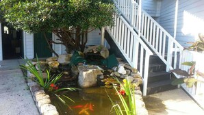 A pond with rocks and water plants, a tree, and a staircase. - Stratford Motor Inn East Ellijay (Ellijay)