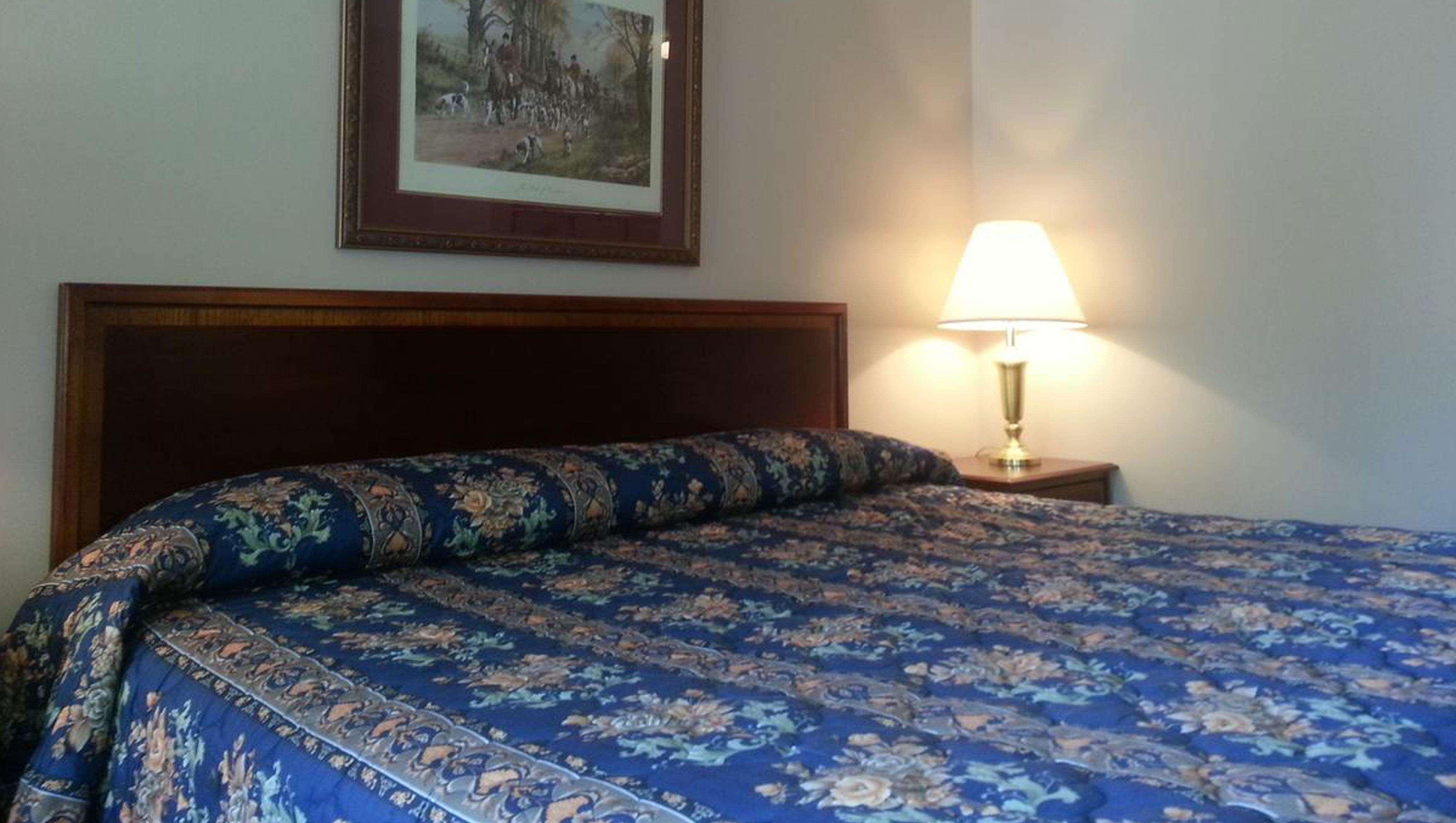 Una cama con una colcha de estampado floral, un cabecero de madera, un cuadro enmarcado en la pared y una lámpara de noche.