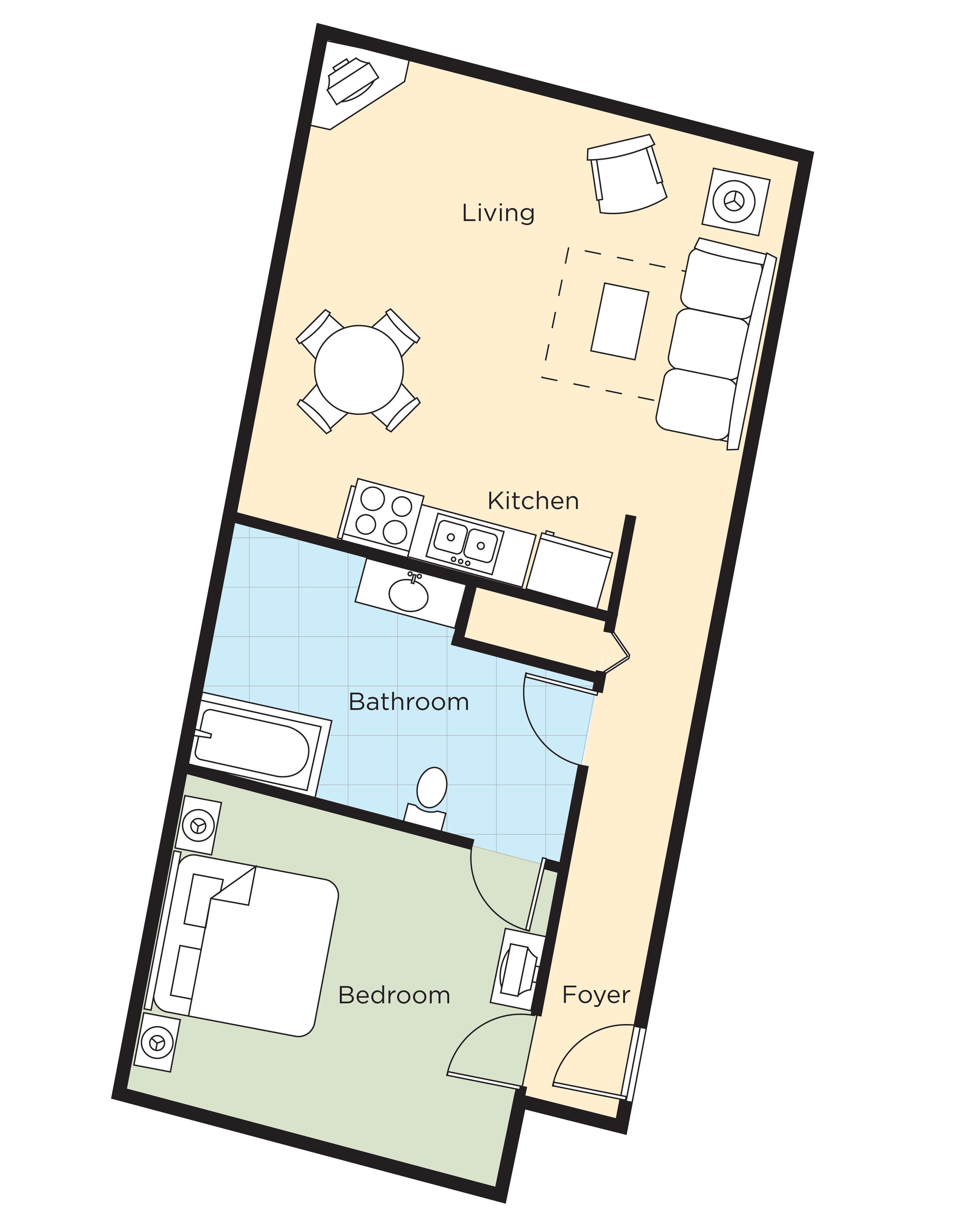 Ein Grundriss mit Wohnbereich, Küche, Bad, Schlafzimmer und Eingangsbereich.