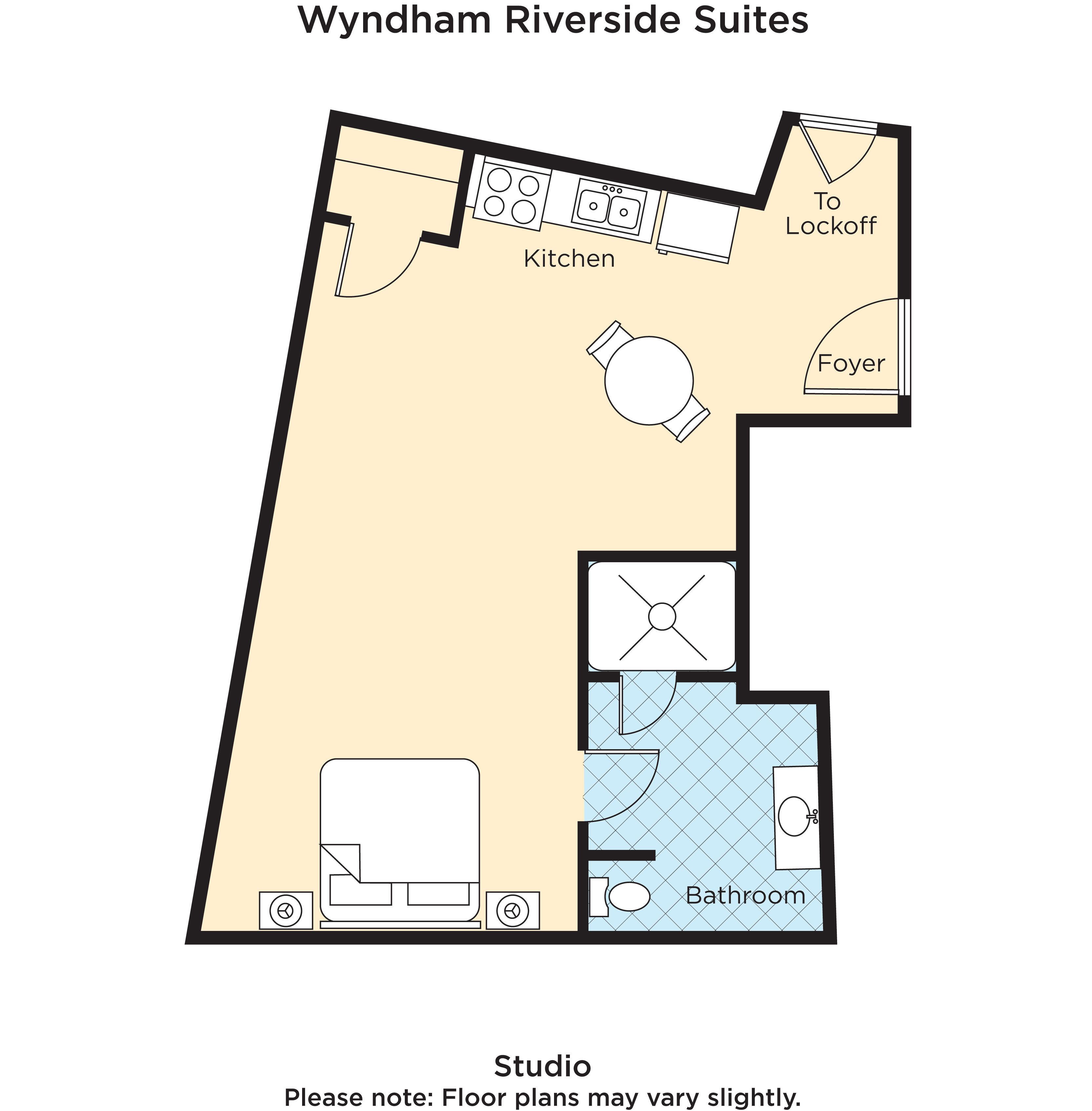 A floor plan of Wyndham Riverside Suites with a studio layout including a kitchenette, foyer, and bathroom.