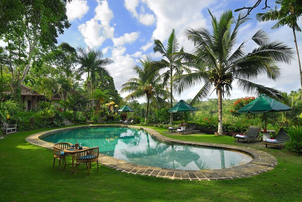 Piscine extérieure, chaises longues